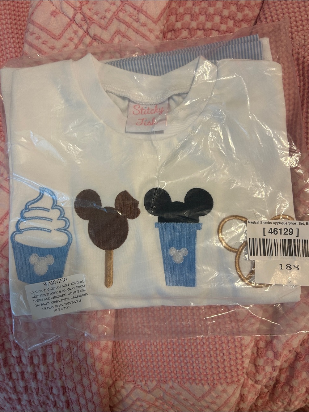 Kids Mickey White Applique Snack T-Shirt - Blue & Brown Accents
